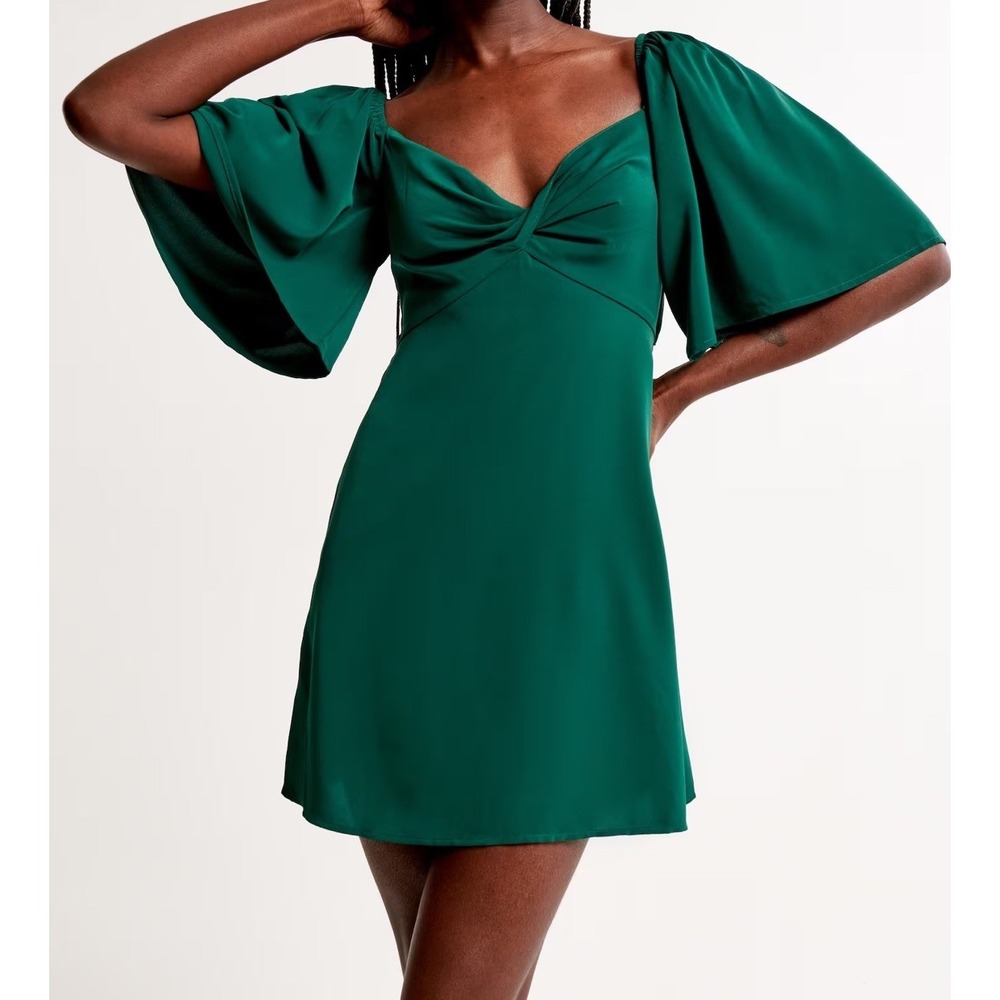 Abercrombie Women's Angel Sleeve Mini Skort Dress SP Emerald Green Bow Back Puff